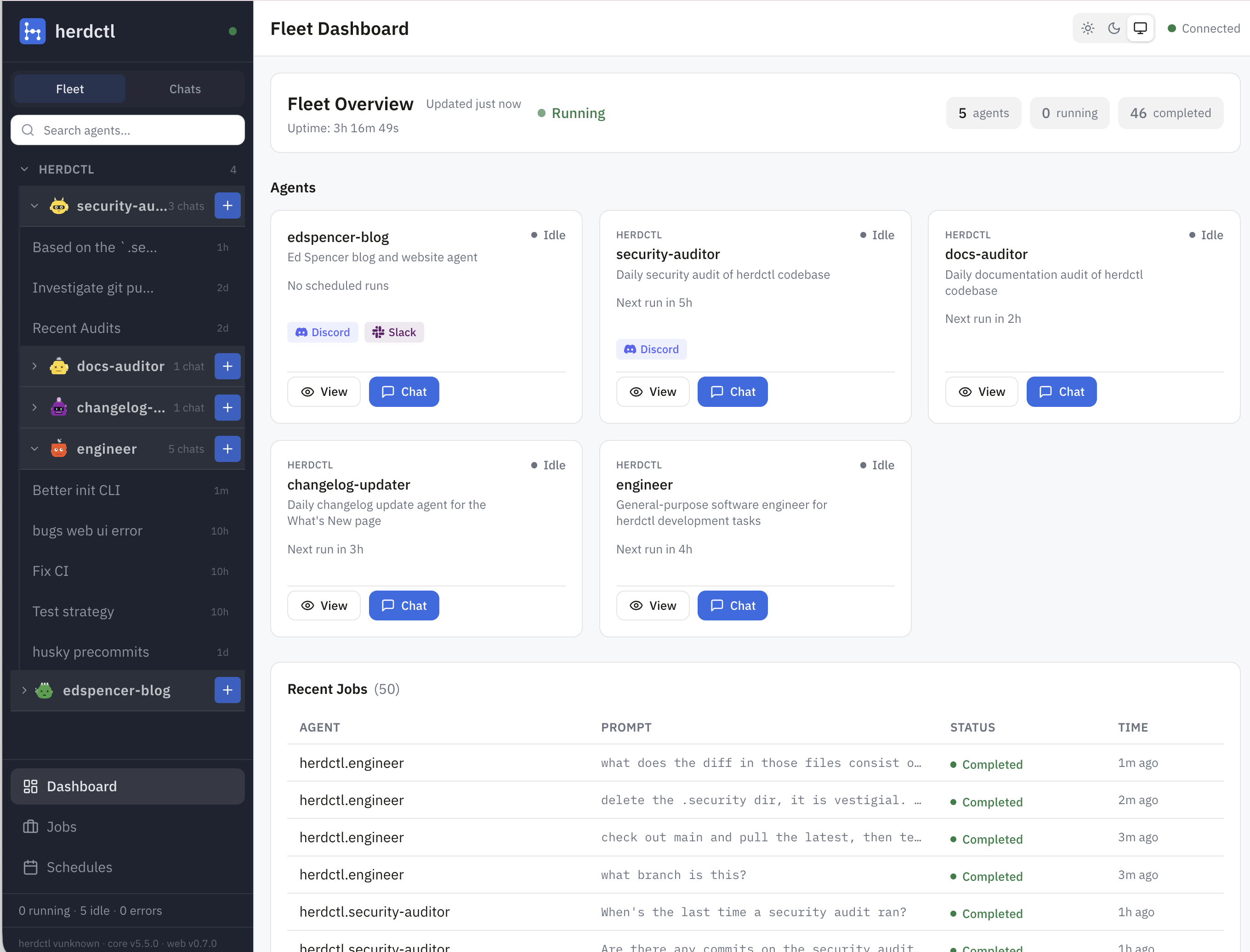 Web UI showing a conversation with a herdctl agent